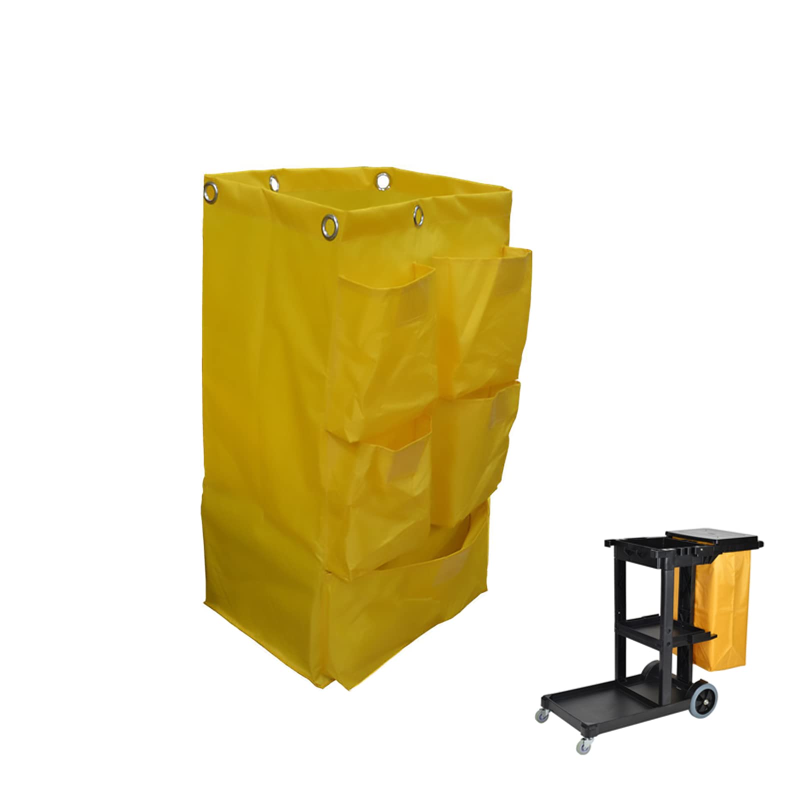 Replacement Janitorial Cart Bag, High Capacity Waterproof Thickened Housekeeping Commercial Janitorial Cleaning Cart Bag with 6 Brass Grommets - 25 Gallon (Yellow with 5 Pockets)