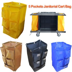 Replacement Janitorial Cart Bag, High Capacity Waterproof Thickened Housekeeping Commercial Janitorial Cleaning Cart Bag with 6 Brass Grommets - 25 Gallon (Yellow with 5 Pockets)