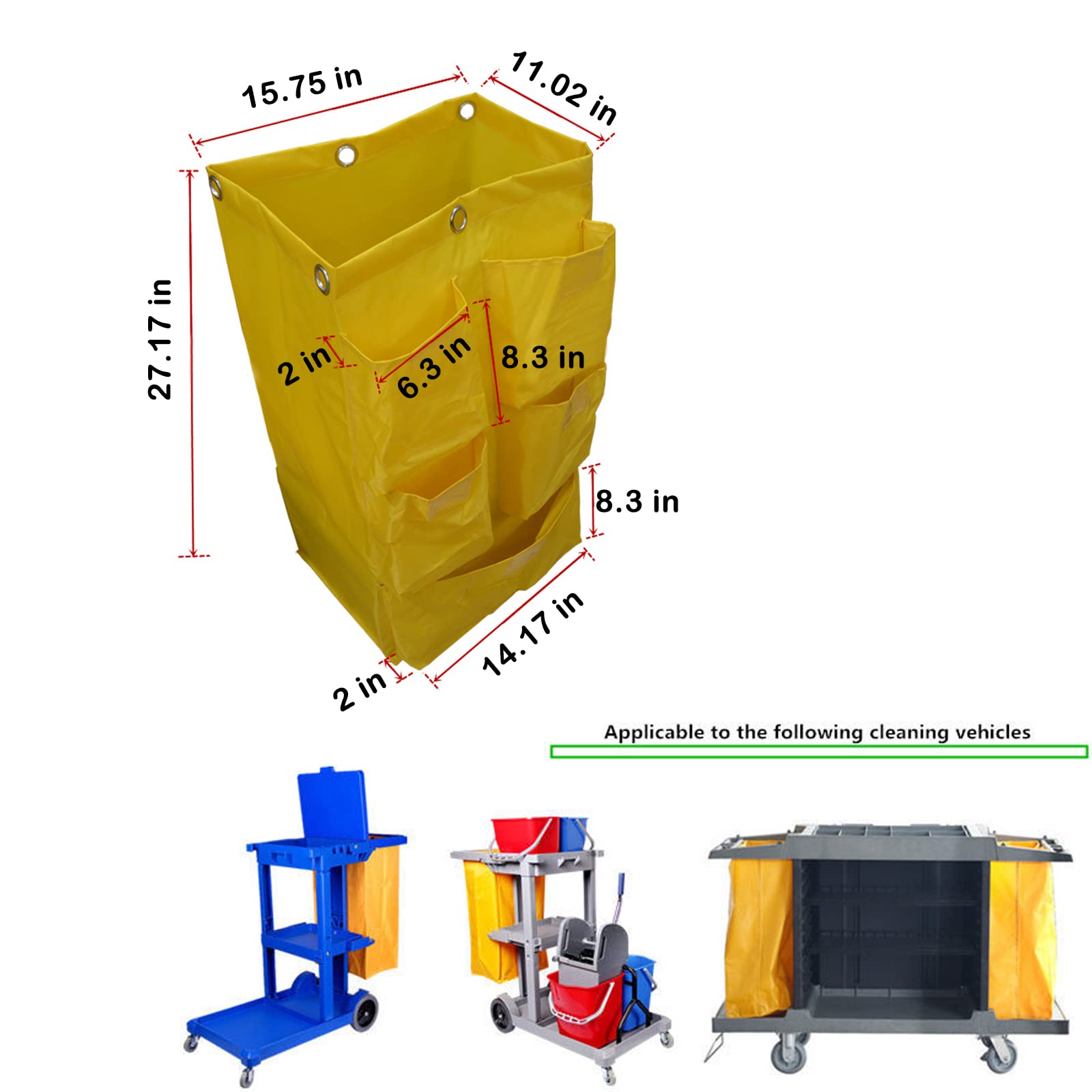 Replacement Janitorial Cart Bag, High Capacity Waterproof Thickened Housekeeping Commercial Janitorial Cleaning Cart Bag with 6 Brass Grommets - 25 Gallon (Yellow with 5 Pockets)