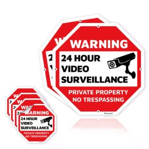 private property no trespassing sign metal ，video surveillance signs outdoor, 12 x 12 in , 2pack with 4 window stickers, uv printed 40 mil rust free aluminum , weatherproof and heavy duty for home