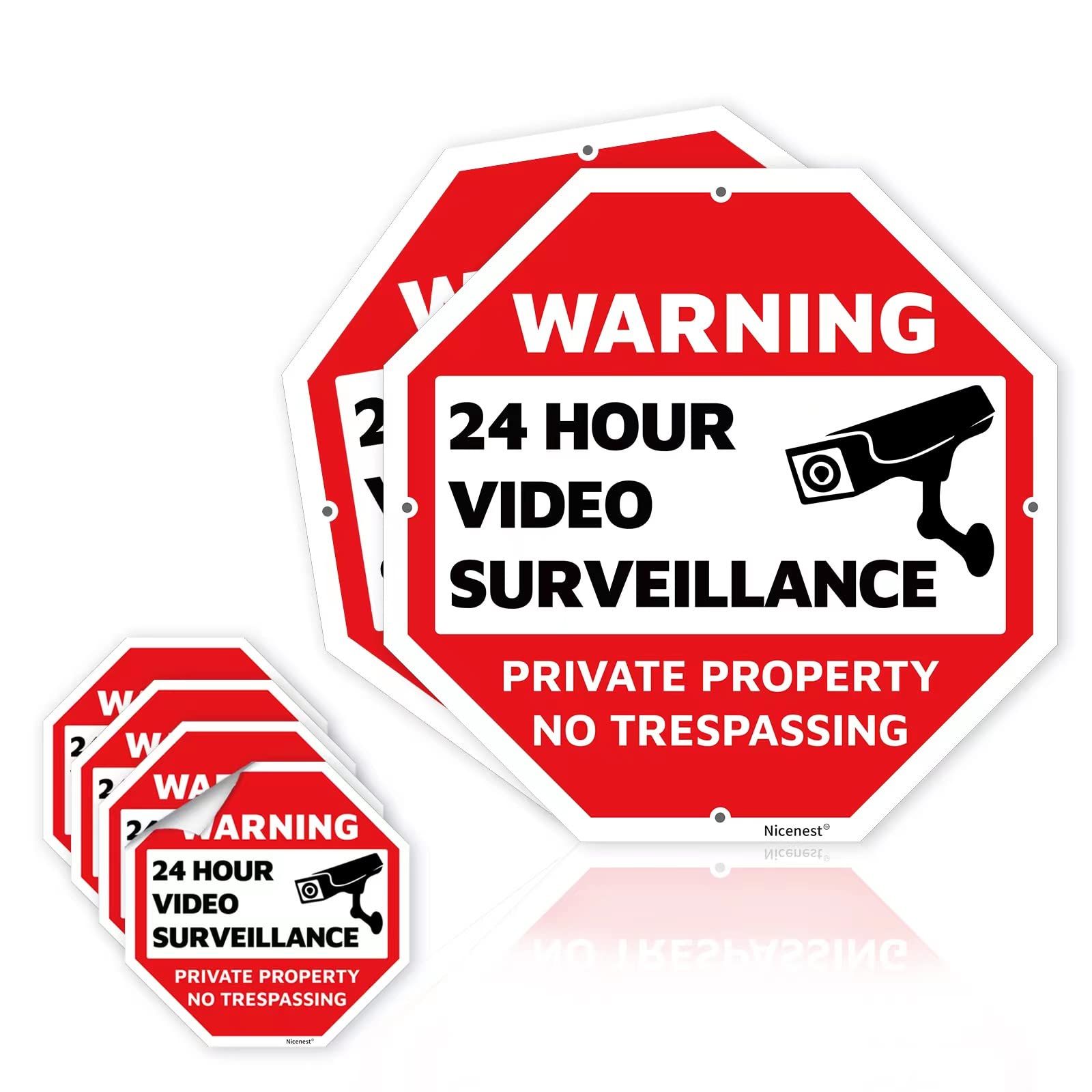 Private Property No Trespassing Sign Metal ，Video Surveillance Signs Outdoor, 12 X 12 In , 2pack With 4 Window Stickers, Uv Printed 40 Mil Rust Free Aluminum , Weatherproof And Heavy Duty For Home