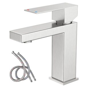 modern bathroom faucet, kamoson single hole bathroom sink brushed nickel stainless steel fashion square faucet safe water supply, vanity basin mixer tap with deck mount