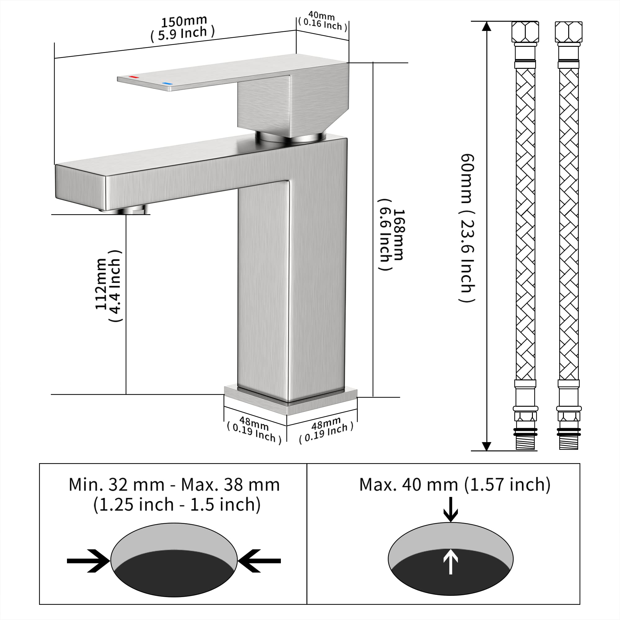 Modern Bathroom Faucet, Kamoson Single Hole Bathroom Sink Brushed Nickel Stainless Steel Fashion Square Faucet Safe Water Supply, Vanity Basin Mixer Tap with Deck Mount