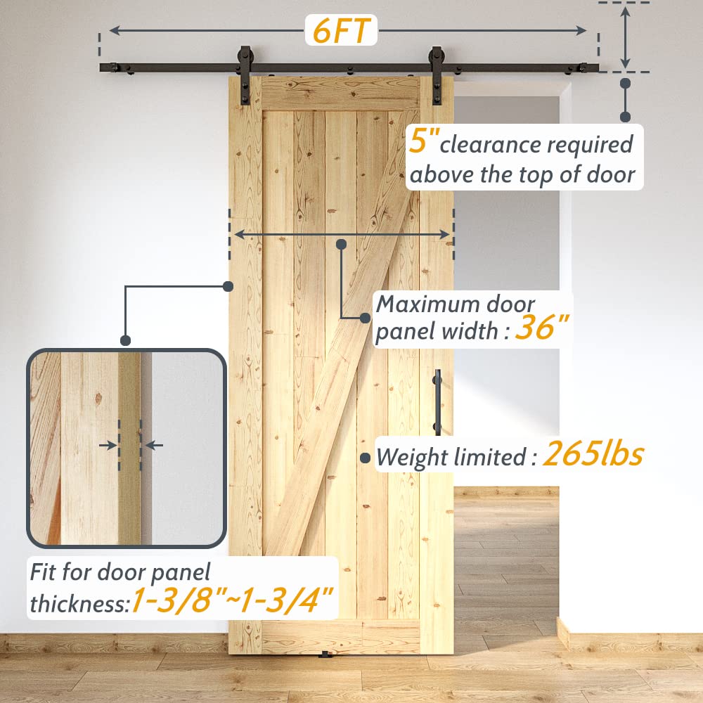 SKYSEN 6FT Barn Door Hardware Kit, Sliding Barn Door Hardware Kit, Barn Door Track, Combination Track- Smooth and Quiet- Easy to Install- Manual Included- Lite Version- Black (J-Lite-5)