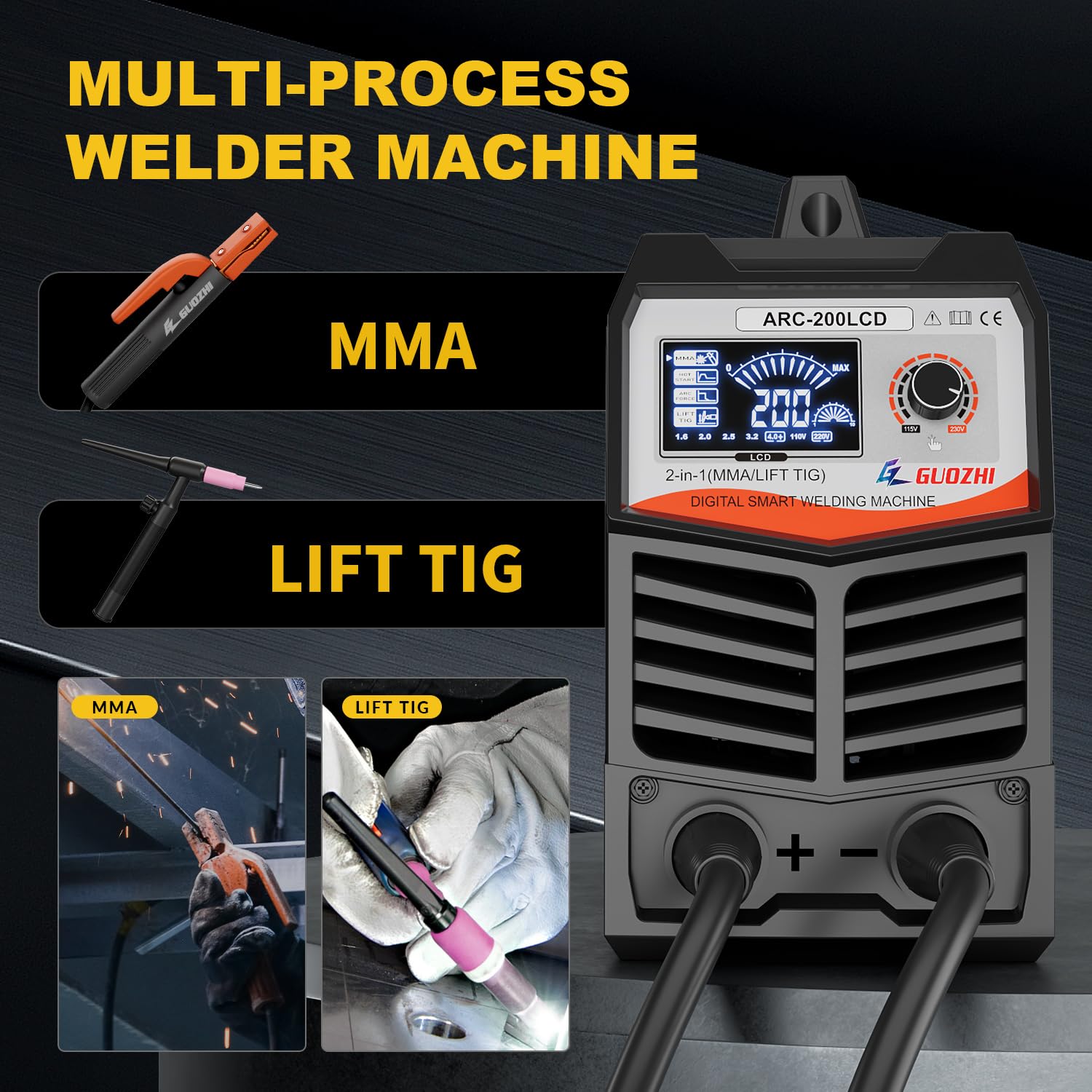 GZ GUOZHI Stick Welder, Actual 200A ARC/Lift TIG 2 in 1 Welder Machine with Large LCD Display, 110V/115V or 220V/230V Portable MMA Welding Machine with Synergic, Hot Start Arc Force Anti-Stick Welder