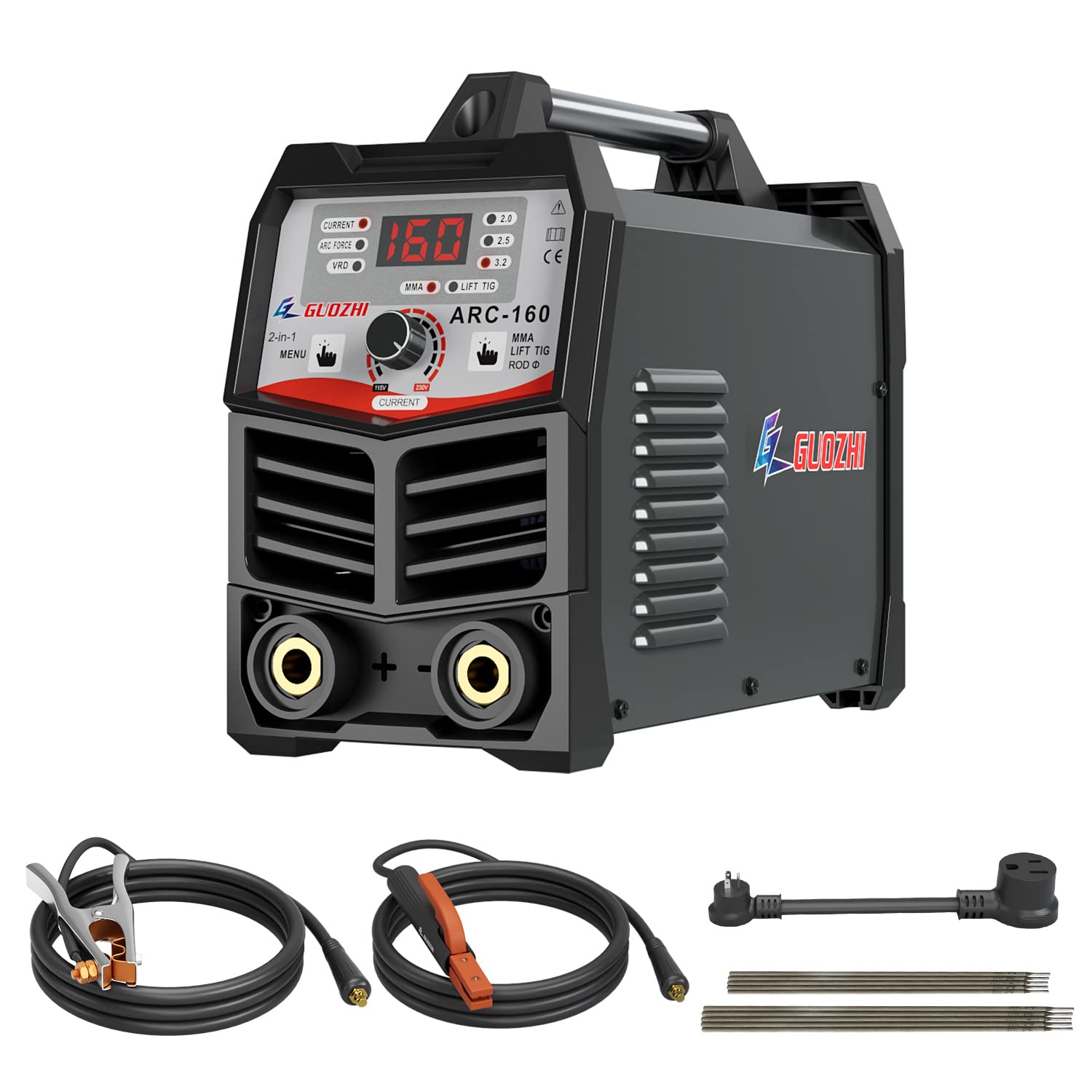 GZ GUOZHI 110/220V MMA Welder, 160A Stick ARC Welding Machine IGBT Digital Display LCD Hot Start Welder with Electrode Holder, Work Clamp, Input Power Adapter Cable…