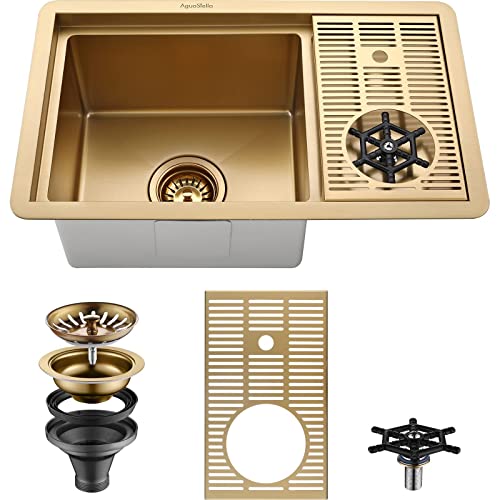 AguaStella AS1514XG Brushed Gold Bar Sink with Glass Rinser Stainless Steel Undermount Prep Kitchen Sink 23-1/4 x 14 Inches Single Bowl