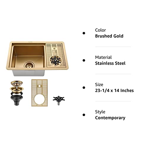 AguaStella AS1514XG Brushed Gold Bar Sink with Glass Rinser Stainless Steel Undermount Prep Kitchen Sink 23-1/4 x 14 Inches Single Bowl