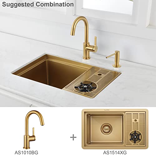 AguaStella AS1514XG Brushed Gold Bar Sink with Glass Rinser Stainless Steel Undermount Prep Kitchen Sink 23-1/4 x 14 Inches Single Bowl