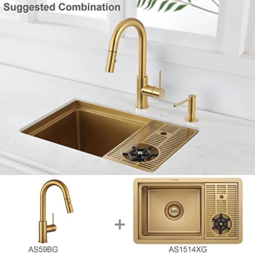 AguaStella AS1514XG Brushed Gold Bar Sink with Glass Rinser Stainless Steel Undermount Prep Kitchen Sink 23-1/4 x 14 Inches Single Bowl