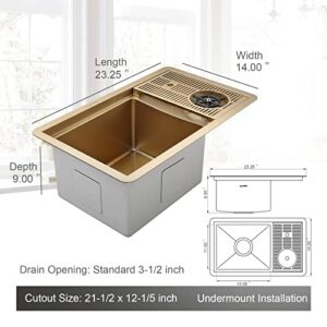 AguaStella AS1514XG Brushed Gold Bar Sink with Glass Rinser Stainless Steel Undermount Prep Kitchen Sink 23-1/4 x 14 Inches Single Bowl