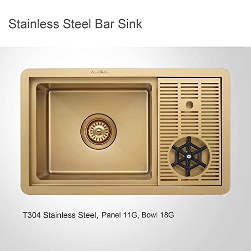 AguaStella AS1514XG Brushed Gold Bar Sink with Glass Rinser Stainless Steel Undermount Prep Kitchen Sink 23-1/4 x 14 Inches Single Bowl