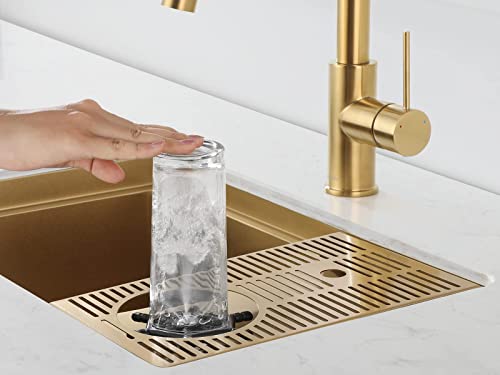 AguaStella AS1514XG Brushed Gold Bar Sink with Glass Rinser Stainless Steel Undermount Prep Kitchen Sink 23-1/4 x 14 Inches Single Bowl