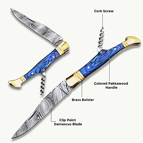 WARLOCKS CLUB Handmade Damascus Pocket Knife with Sheath, 7" Folding Hunting Knife for Outdoor Camping, Laguiole Pocket Knife, Cork Screw for Wine or Bottle Opener