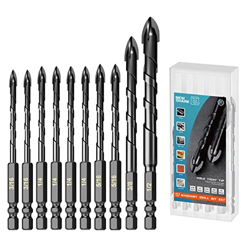 NewShark Concrete Drill Bit Set 10PCS, Masonry Drill Bits for Brick, Glass, Plastic and Wood, Tungsten Carbide Tip Work with Ceramic Tile, Wall Mirror, Paver on Concrete or Brick Wall（3/16”-1/2” ）