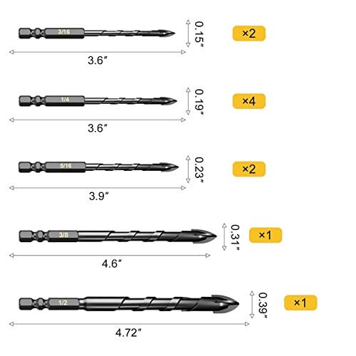 NewShark Concrete Drill Bit Set 10PCS, Masonry Drill Bits for Brick, Glass, Plastic and Wood, Tungsten Carbide Tip Work with Ceramic Tile, Wall Mirror, Paver on Concrete or Brick Wall（3/16”-1/2” ）