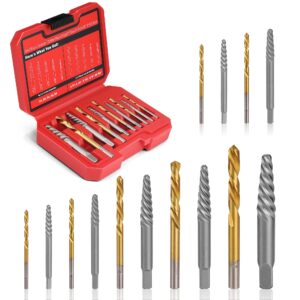 uyecove 14 pieces screw extractor set, 35# cr-mo & 6542 hss steel cobalt left hand drill bits set for removing stripped screws and broken bolts ez out screw extractor set broken bolt extractor kit