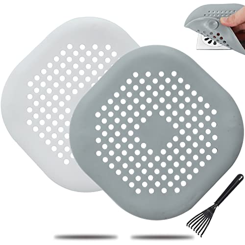 Drain Hair Catcher 2 Packs, 5.5 Inch Square Shower Drain Cover, Durable Silicone Hair Stopper for Shower Drain with Suction Cups, Suit for Bathroom,Bathtub,Kitchen (Grey+White)