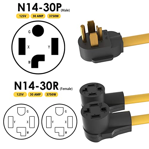 30 amp Splitter 4 Prong Dryer Y Splitter L-Prong NEMA 14-30P Male to 2 x NEMA 14-30R Female, 30 Amp 250 Volt 7500W STW 10 AWG Dryer Y Adapter Cord, Power Cable for Electric Car, UL Listed