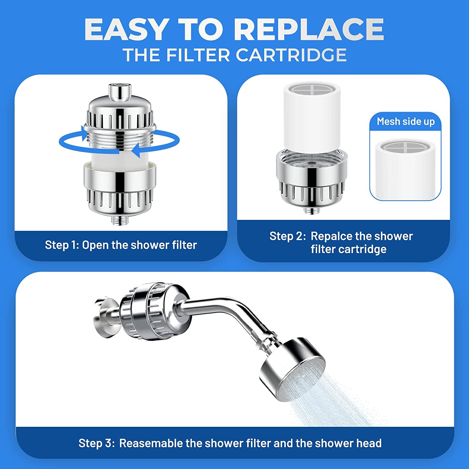 Shower Filter 20 Stage Showerhead Filter for Hard Water Shower Water Filter with 2 Replaceable Filter Cartridges for Removing Chlorine Fluoride, Polished Chrome