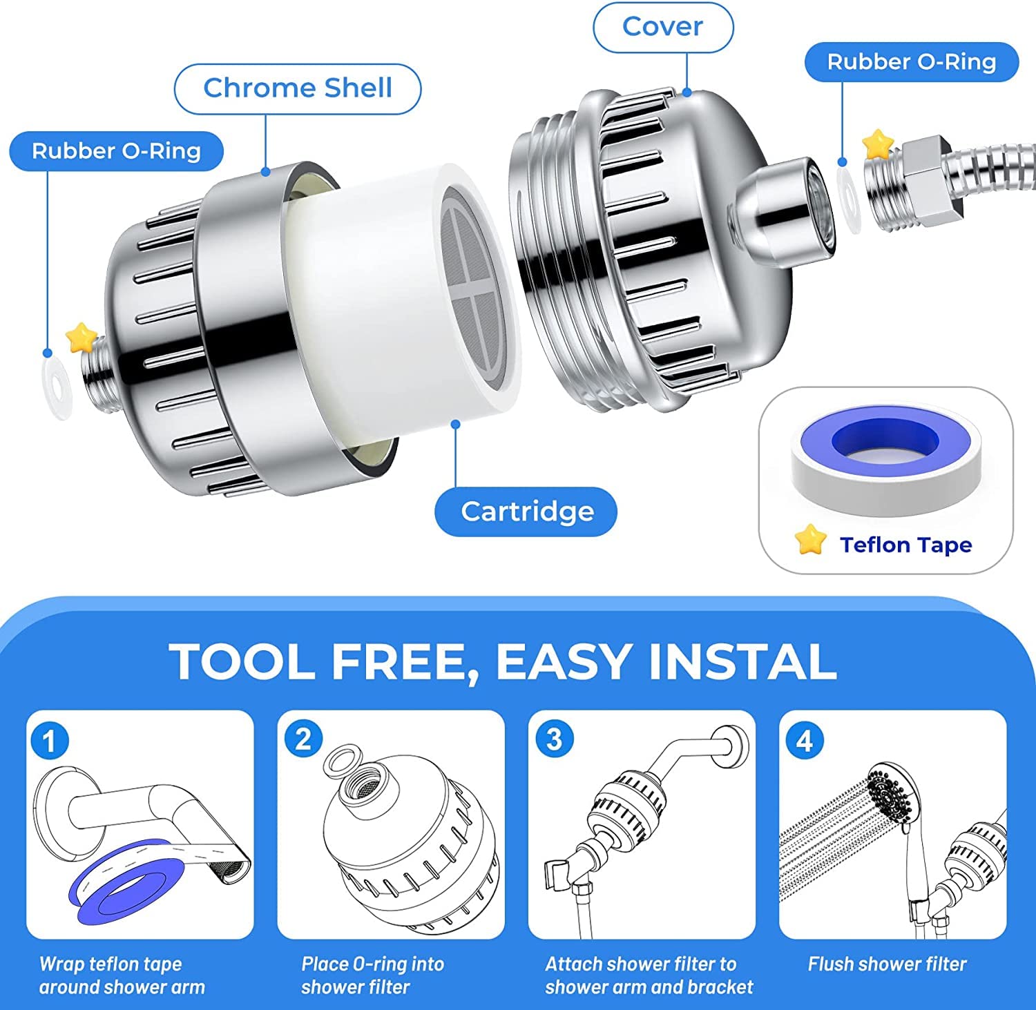 Shower Filter 20 Stage Showerhead Filter for Hard Water Shower Water Filter with 2 Replaceable Filter Cartridges for Removing Chlorine Fluoride, Polished Chrome