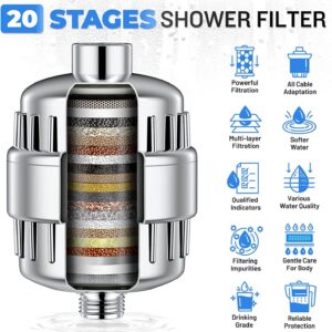 Shower Filter 20 Stage Showerhead Filter for Hard Water Shower Water Filter with 2 Replaceable Filter Cartridges for Removing Chlorine Fluoride, Polished Chrome