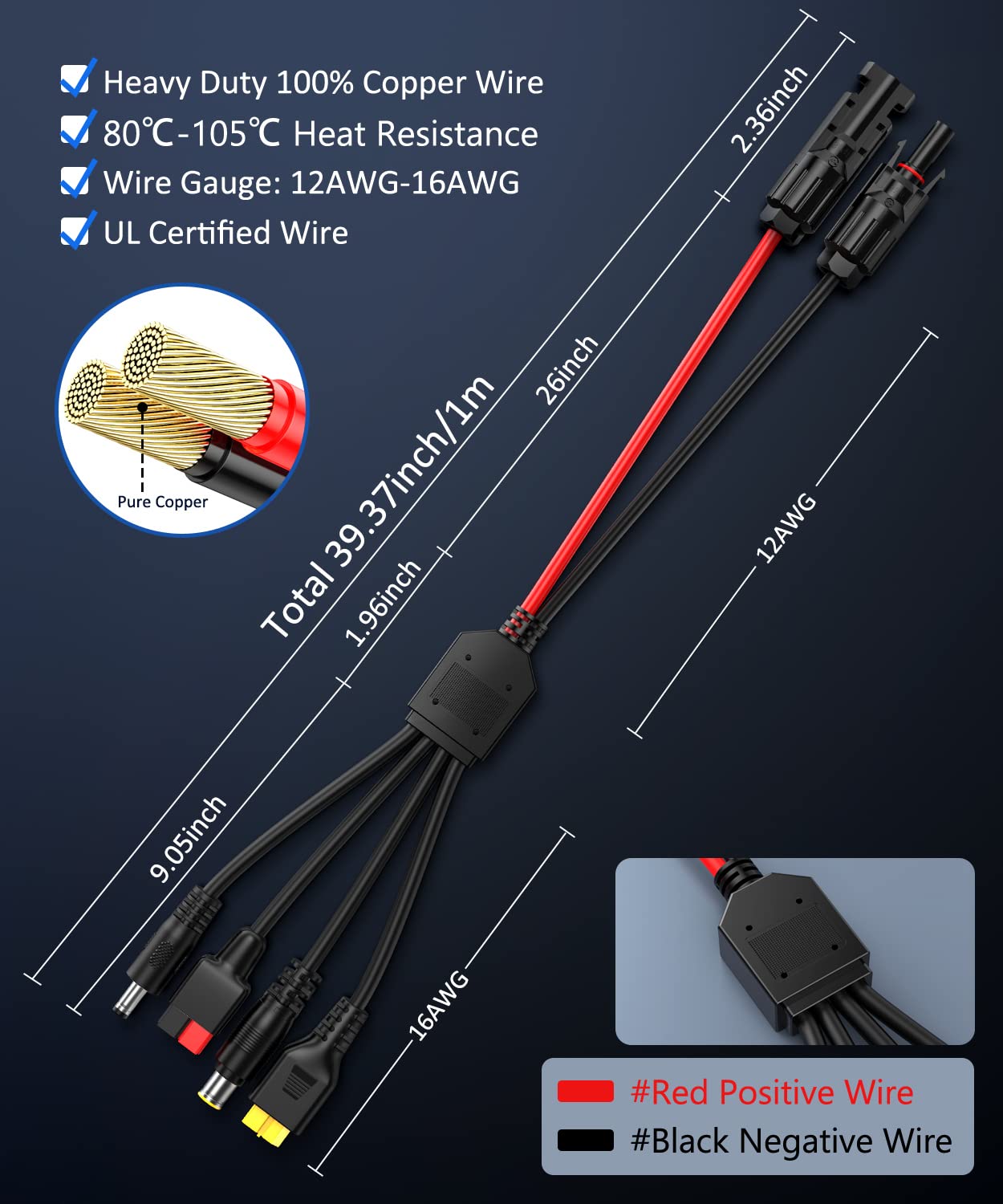 ELECTOP 4-in-1 Solar Panel Connector Extension Cable Splitter, Compatible with Anderson Connector DC 8mm 5.5mm Adapter Power Plug XT60 Female Connector Charger Solar Connectors Parallel Adapter Cable