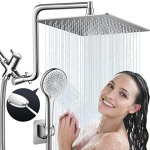 shower head high pressure, 10" rain shower head with handheld combo, with upgraded 12" adjustable curved shower extension arm, 4 settings handheld shower built-in power wash, height/angle adjustable