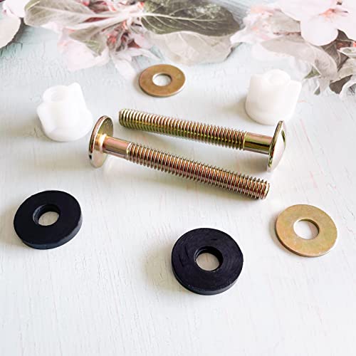 BOETOADG 2Pcs Universal Toilet Seat Bolt and Screw Set, Heavy Duty Toilet Seat Hinge Bolts with White Plastic Nuts, Metal and Rubber Washers, Replacement Parts for Top Mount Toilet Seat Hinge
