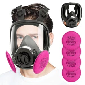 reusable large full face respirator mask - face cover gas mask with 4 pcs 2097 filters anti-fog against organic vapor/dust/formaldehyde/chemical/particle/pollen for spray, construction, sanding work