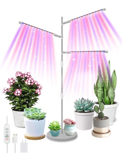 HAARAY Plant Grow Lights for Indoor Plants Full Spectrum, 3-Head LED Plant Growing Lamps with Height Adjustable and Rotatable Stand, 10 Dimmable Level, 3/9/12H Timer, 3 Switch Modes