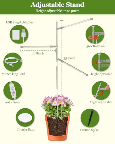 HAARAY Plant Grow Lights for Indoor Plants Full Spectrum, 3-Head LED Plant Growing Lamps with Height Adjustable and Rotatable Stand, 10 Dimmable Level, 3/9/12H Timer, 3 Switch Modes