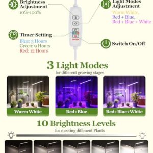 HAARAY Plant Grow Lights for Indoor Plants Full Spectrum, 3-Head LED Plant Growing Lamps with Height Adjustable and Rotatable Stand, 10 Dimmable Level, 3/9/12H Timer, 3 Switch Modes