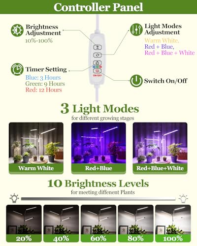 HAARAY Plant Grow Lights for Indoor Plants Full Spectrum, 3-Head LED Plant Growing Lamps with Height Adjustable and Rotatable Stand, 10 Dimmable Level, 3/9/12H Timer, 3 Switch Modes