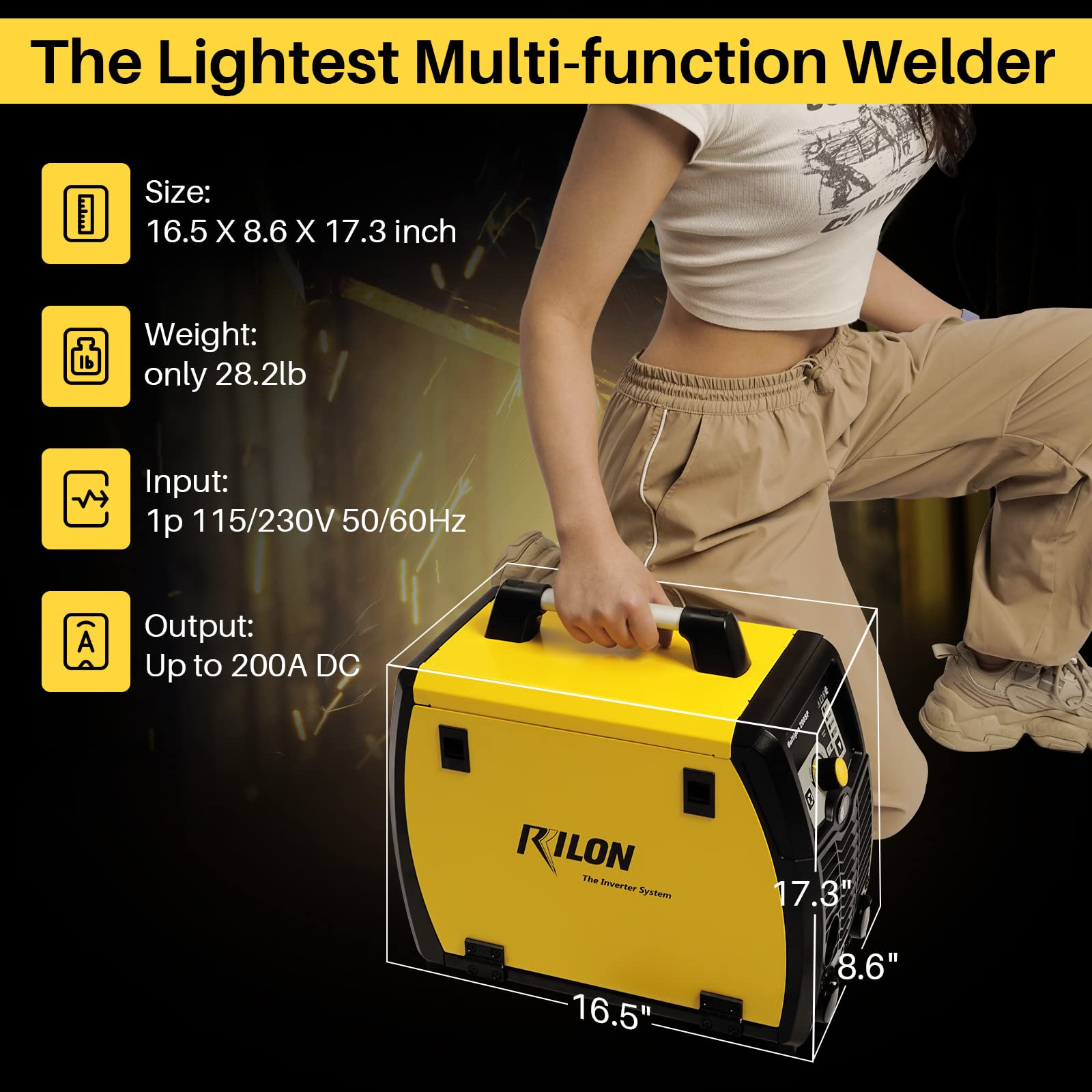 Troozy × Rilon 200A MIG Welder, TIG/Mig/Flux Core/Stick/Aluminum 5 in 1 Welder Machine, Multiprocess Welder with Pulse, 110/220V Dual Voltage DC, Yellow