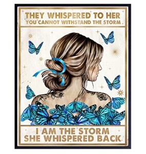positive quotes inspiration wall art & decor - she whispered back i am the storm - boho hippie wall art - motivational poster - encouragement gift for woman - blue bedroom home office living room art
