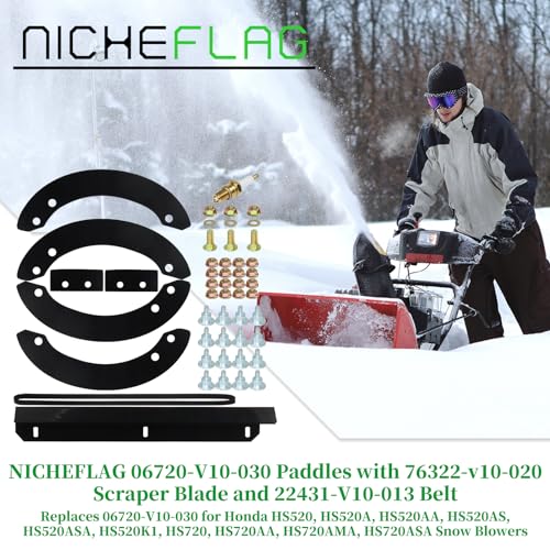 NICHEFLAG 06720-V10-030 Paddles with 76322-v10-020 Scraper 22431-V10-013 Belt Replaces Honda HS520 Paddles, 06720-V10-020 for Honda HS520A, HS520AA, HS520AS, HS520ASA, HS520K1, HS720 AA Snow Blowers