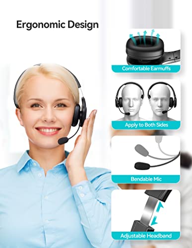 TECKNET Bluetooth Headset with Microphone for PC, Trucker Bluetooth Headset with AI Noise Cancelling & Mute Button, Wireless Headset with Mic for Computer Work from Home Office Call Center Zoom Skype