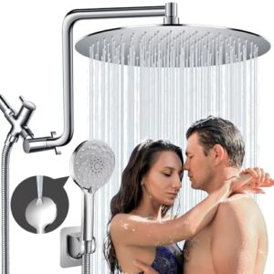 12" rainfall shower head with handheld combo, high pressure shower heads with upgraded 12" adjustable curved shower extension arm, 6 settings handheld shower head built-in power wash anti-leak（chrome）