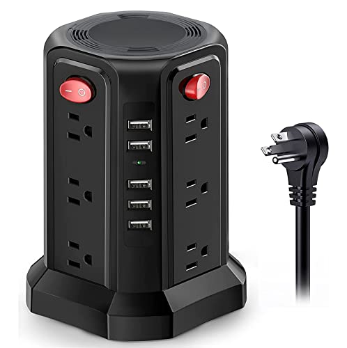 Power Strip Tower Surge Protector, 16.4 FT Extension Cord with 12 AC Outlets 5 USB Charging Ports Desktop Charging Tower Station for Multiple Devices for Home Office Dorm Room Black