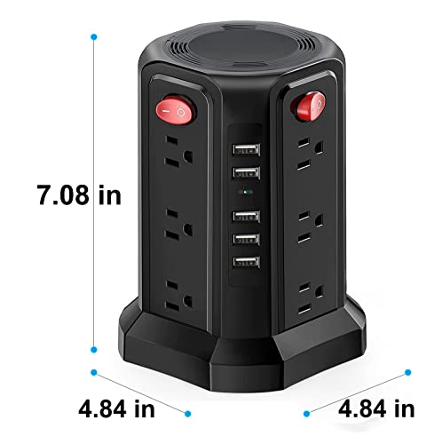 Power Strip Tower Surge Protector, 16.4 FT Extension Cord with 12 AC Outlets 5 USB Charging Ports Desktop Charging Tower Station for Multiple Devices for Home Office Dorm Room Black