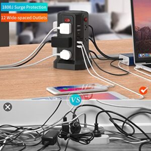 Power Strip Tower Surge Protector, 16.4 FT Extension Cord with 12 AC Outlets 5 USB Charging Ports Desktop Charging Tower Station for Multiple Devices for Home Office Dorm Room Black