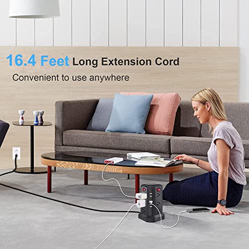 Power Strip Tower Surge Protector, 16.4 FT Extension Cord with 12 AC Outlets 5 USB Charging Ports Desktop Charging Tower Station for Multiple Devices for Home Office Dorm Room Black