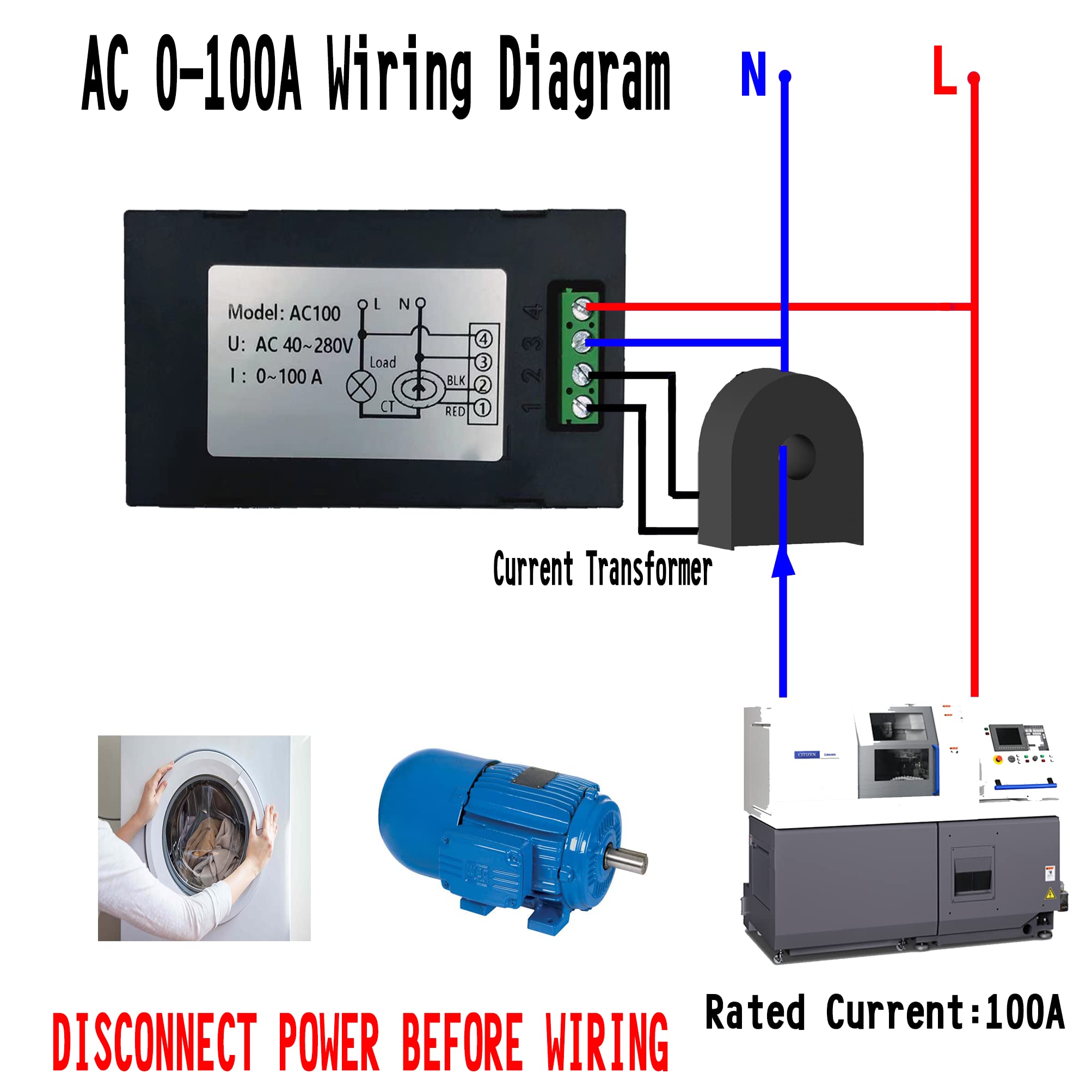 Digital Multimeter AC 40-280V 100A LCD Display Digital Current Voltage Power Energy Frequency Power Factor Multimeter Ammeter Voltmeter with 100A Split Core Current Transformer