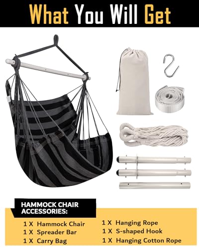 ADVOKAIR Hammock Chair Swing (500 lbs Max) - Hanging Hammock Chair Rope Swing Indoor for Bedroom, Outdoor, Patio, Bedroom, Porch, Deck - Sturdy Steel Bar with Anti-Slip Safety Rings