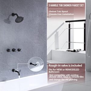 NIITAWH Matte Black 3 Handle Shower Faucet Set with Rotatable Tub Spout, Tub and Shower Trim Kit with Valve