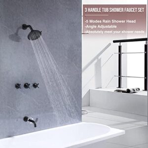 NIITAWH Matte Black 3 Handle Shower Faucet Set with Rotatable Tub Spout, Tub and Shower Trim Kit with Valve