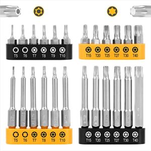 yf youngfultool 24pcs security torx bits with head from t5 to t40 1'' 2.3''long shank 1/4 hex tail s2 steel drill bits tamper resistant bits suitable for drills,hand,power or air tools