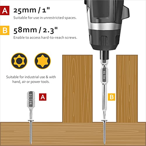 YF YoungFulTool 24Pcs Security Torx Bits with Head from T5 to T40 1'' 2.3''Long Shank 1/4 Hex Tail S2 Steel Drill Bits Tamper Resistant Bits Suitable for Drills,Hand,Power or Air Tools