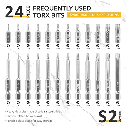 YF YoungFulTool 24Pcs Security Torx Bits with Head from T5 to T40 1'' 2.3''Long Shank 1/4 Hex Tail S2 Steel Drill Bits Tamper Resistant Bits Suitable for Drills,Hand,Power or Air Tools